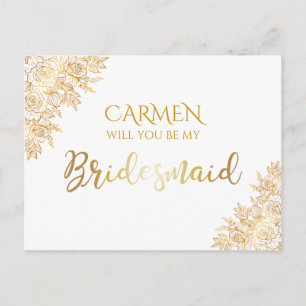 Postal Bridesmaid decorativa con flores doradas