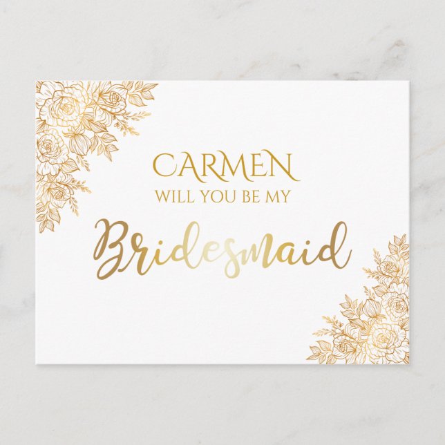Postal Bridesmaid decorativa con flores doradas (Anverso)