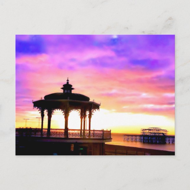 Postal Brighton Bandstand y West Pier con puesta de sol (Anverso)