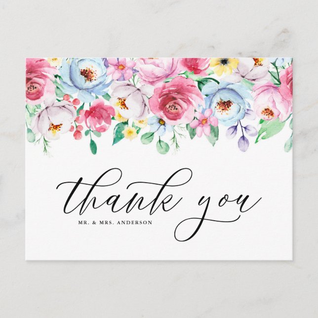 Postal Brillante Acuarela Pastel Floral Garland Gracias (Anverso)