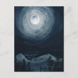 Postal Brillante estrella de luna llena cielo azul oscuro