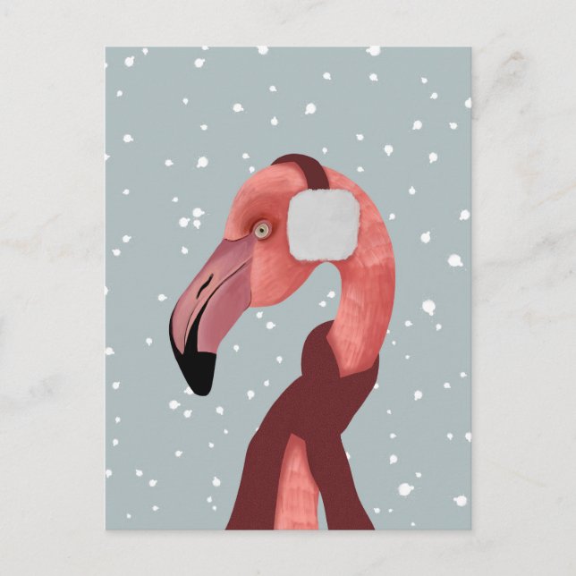 Postal Brillante Flamingo De Invierno Acogedor Con Scarf (Anverso)