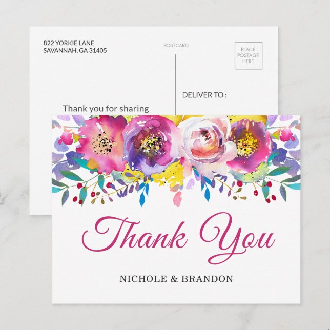 Postal Brillante Fuchsia Gold Floral Gracias Postcard (Anverso / Reverso)
