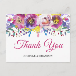 Postal Brillante Fuchsia Gold Floral Gracias Postcard