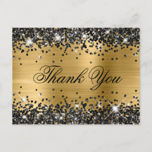 Postal Brillante Glitter Negro Hoja Dorada Elegante Graci