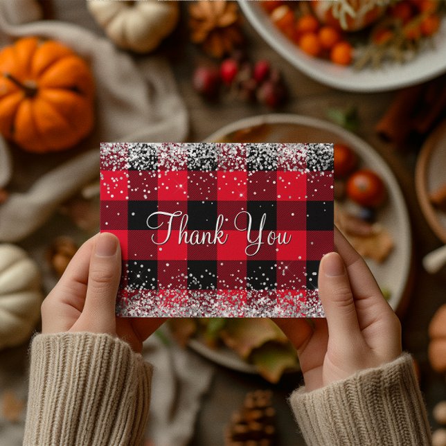 Postal Brillante Glitter Plateado Plaid Rojo Búfalo Graci (Sparkly Silver Glitter Red Buffalo Plaid Thank You Postcard)