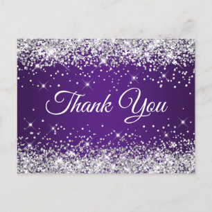 Postal Brillante Glitter Plateado Real Púrpura Gracias