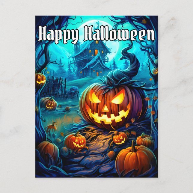 Postal Brillante Nefarie Feliz Calabaza de Halloween (Anverso)
