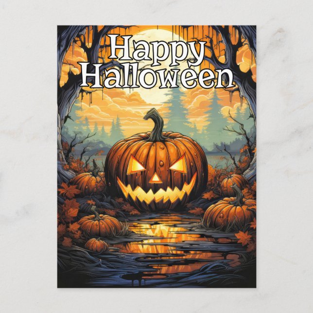 Postal Brillante Nefarie Feliz Calabaza de Halloween (Anverso)