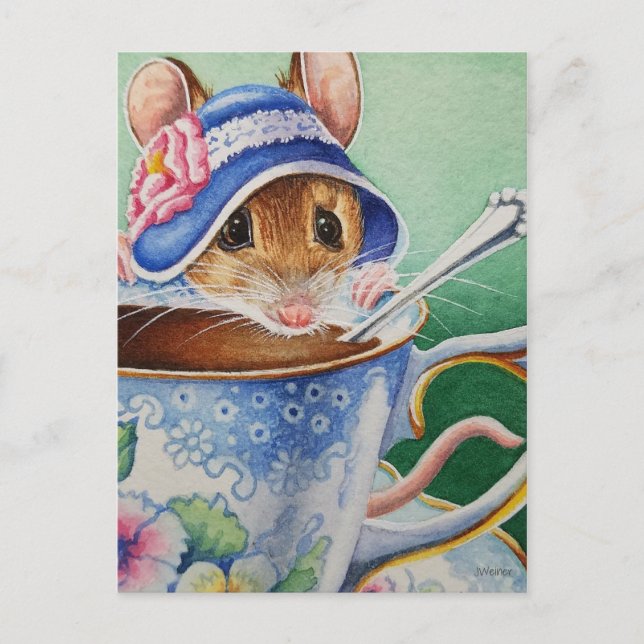 Postal Brillante Tea Time Mouse Blue Bonnet Watercolor (Anverso)