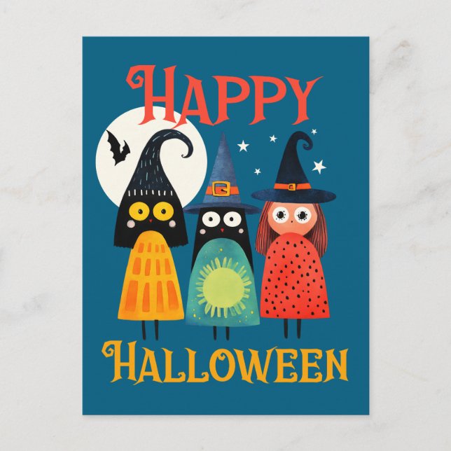 Postal Brillantes brujas coloridas Feliz Halloween (Anverso)