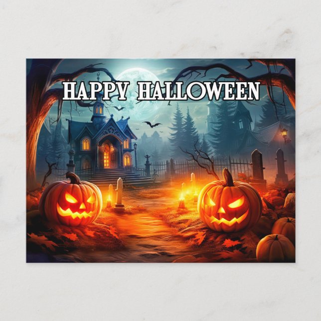 Postal Brillantes calabazas de cementerio Feliz Halloween (Anverso)