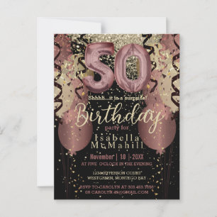 Postal Brillo de Oro Rosa y Negro Cumpleaños 50