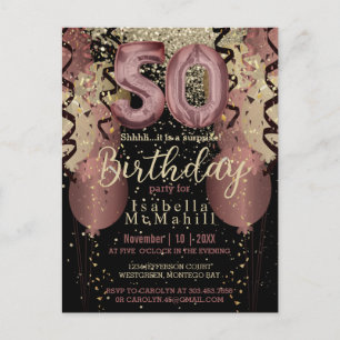 Postal Brillo de Oro Rosa y Negro Cumpleaños 50