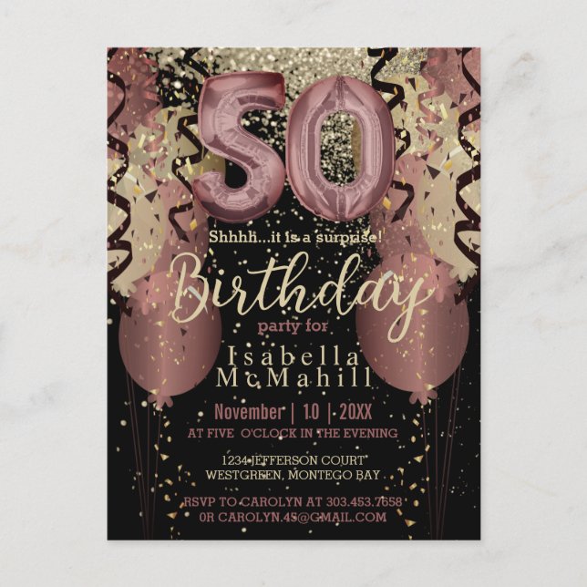Postal Brillo de Oro Rosa y Negro Cumpleaños 50 (Anverso)