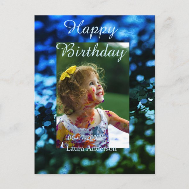 Postal Brillo verde azul foto cumpleaños niños moderno óx (Anverso)