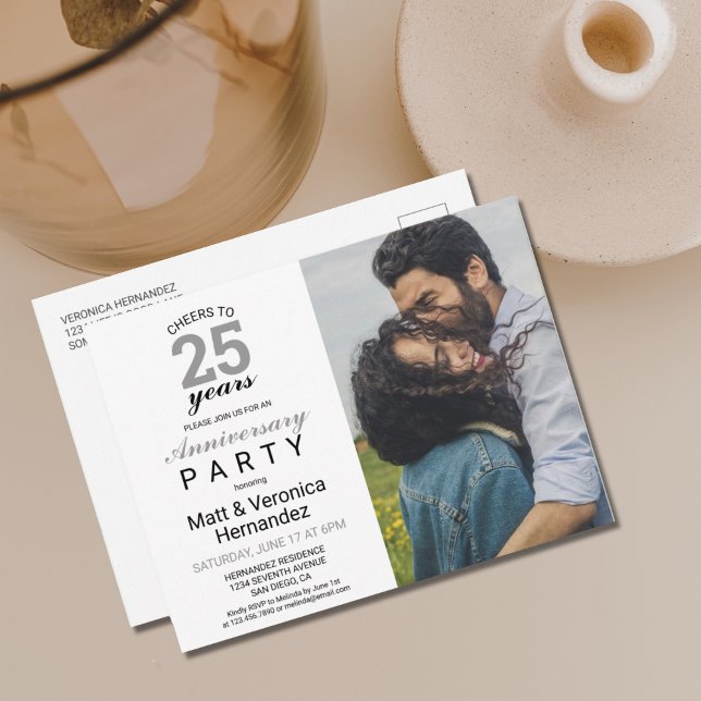 Postal Brindis por 25 Años Aniversario de Bodas de Plata  (MODERN CHEERS TO 25 YEARS WEDDING ANNIVERSARY PARTY INVITATION POSTCARD WITH PHOTO)
