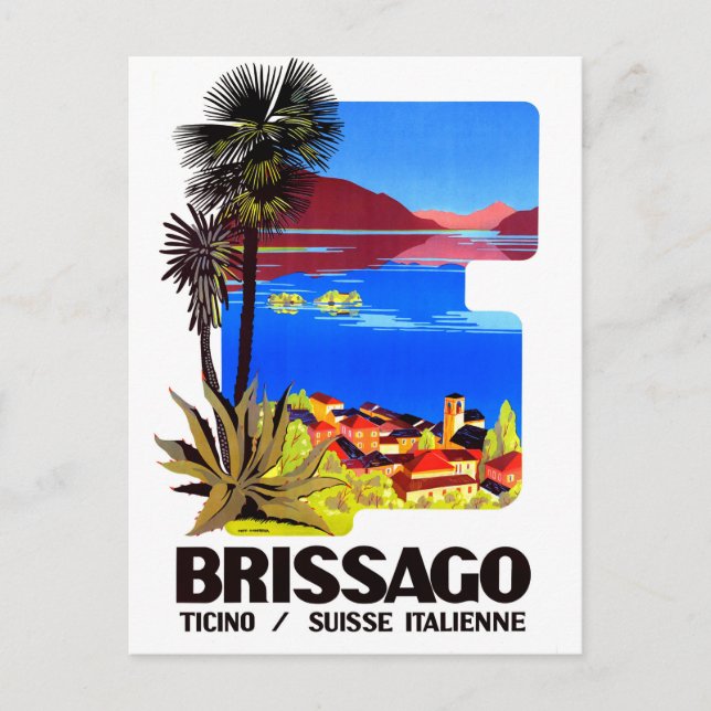Postal Brissago, Ticino, Suiza. Pueblo y lago (Anverso)