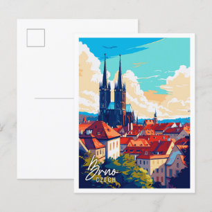 Postal Brno ilustracion de viaje vintage checo
