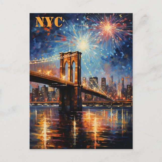 Postal Brooklyn Bridge New York City Fireworks Travel (Anverso)