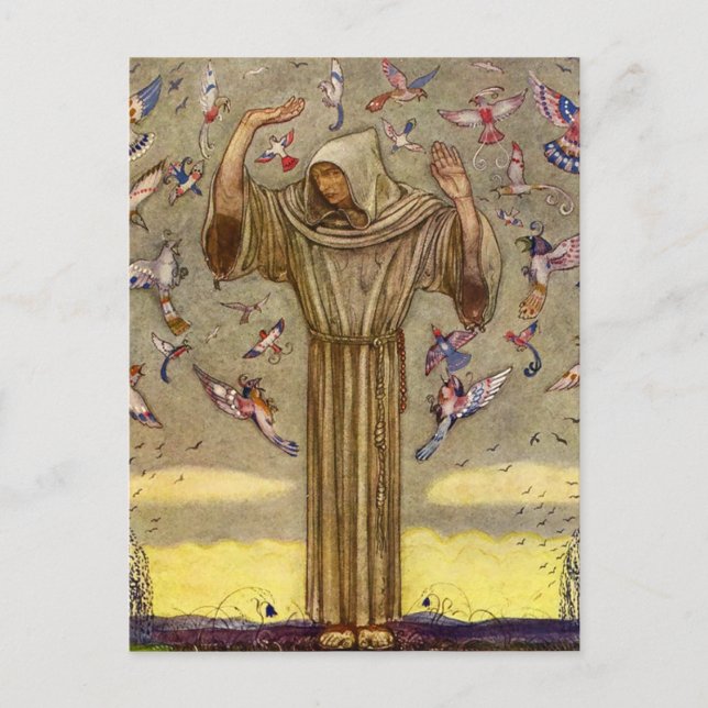 Postal "Brother Martin and the Birds", por John Bauer (Anverso)