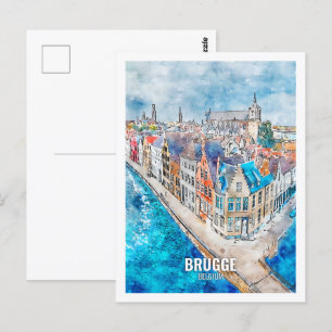 Postal Brugee Belgium Famoso lugar de viaje acuarela