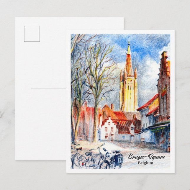 Postal Bruges Square Belgium Colored Pencils (Anverso / Reverso)