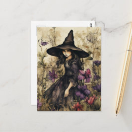 Postal Bruja acuarela con flores