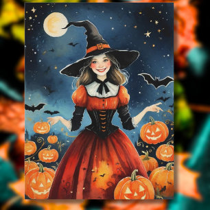 Postal Bruja adorable de Halloween de la década de 1940