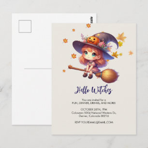 Postal Bruja adorable volando con escoba, Halloween