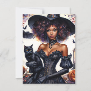 Postal Bruja afroamericana con Halloween de Gato Negro