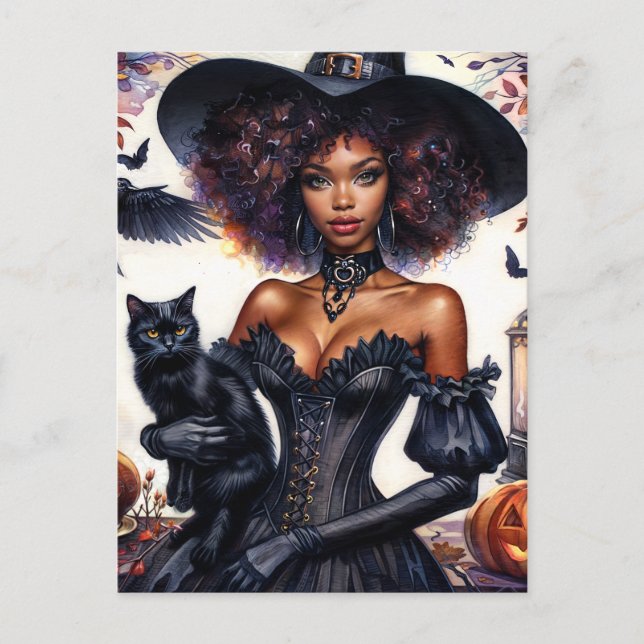 Postal Bruja afroamericana con Halloween de Gato Negro (Anverso)