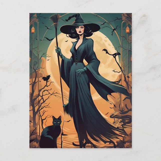 Postal Bruja Art Deco con gato negro y luna llena (Anverso)