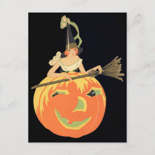 Postal Bruja Art Deco Jack O Lantern Calabaza Escoba