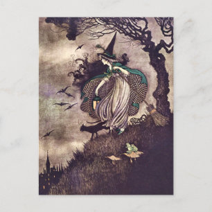 Postal Bruja Art Nouveau bajo el árbol con gato, rana y e