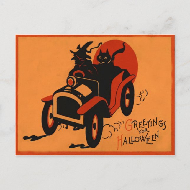 Postal Bruja Black Cat Car Full Moon (Anverso)