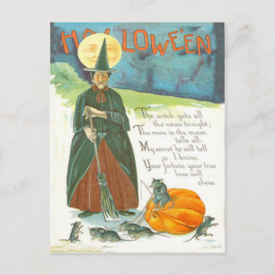 Postal Bruja Calabaza Escoba Hombre Luna Ratón