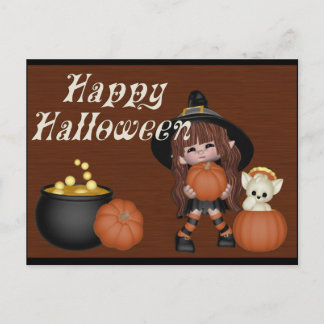 Postal Bruja, calabazas, gato y caldero Feliz Halloween