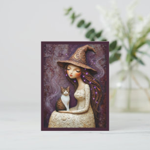 Postal Bruja Caprichosa Gato Halloween Luna Mística