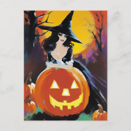 Postal Bruja con calabaza delante de una luna llena