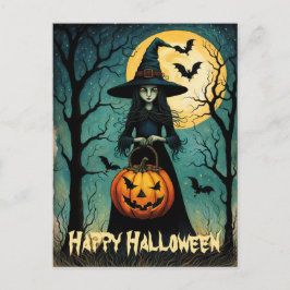 Postal Bruja con crepitante linterna de calabaza Hallowee