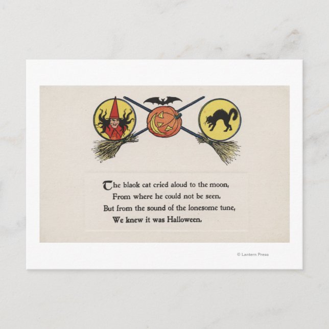 Postal Bruja con cuartos, gato, luna (Anverso)