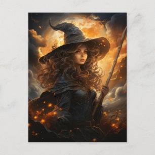 Postal Bruja con luna llena de Halloween