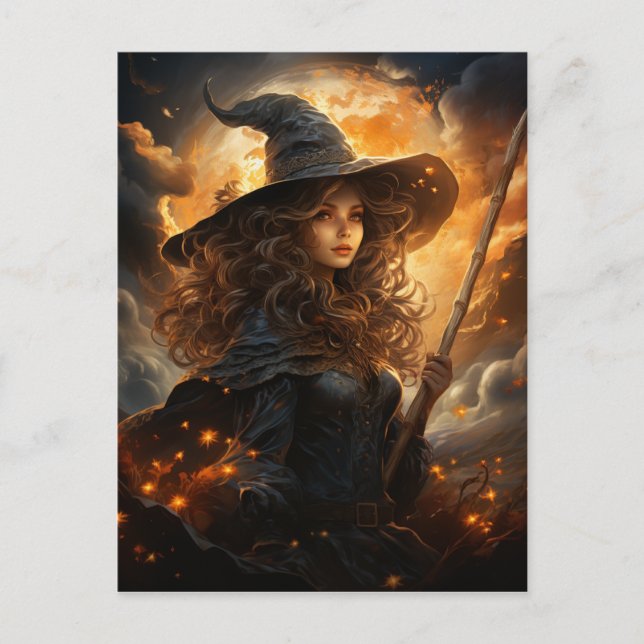 Postal Bruja con luna llena de Halloween (Anverso)