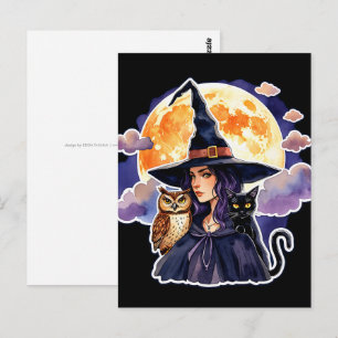 Postal Bruja con un Gato y un Búho - Diversión para Fans