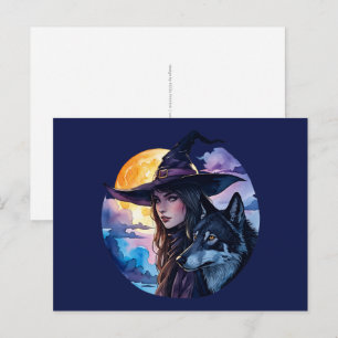 Postal Bruja con un Lobo - Diversión para Fans de Hallowe