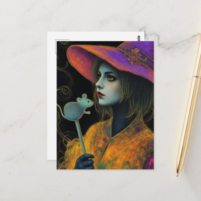 Postal Bruja Con Varita De Ratón (Anverso/Reverso In Situ)