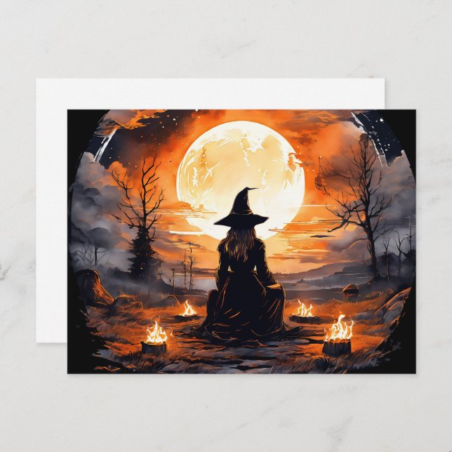 Postal Bruja con velas y fuego - Wicca Halloween 2 (Anverso / Reverso)