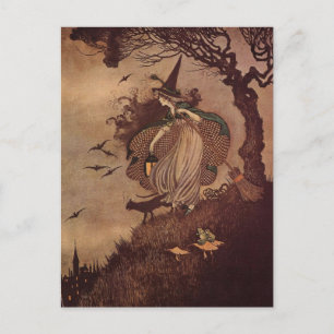 Postal Bruja de cuento vintage y Halloween de gato negro