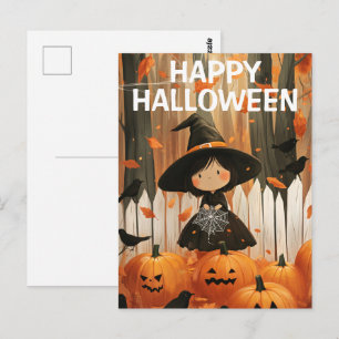 Postal Bruja de Halloween adorable con calabazas y cuervo
